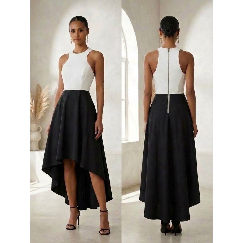 Bariano Australia Dress Black White Hi Low Lined Halter Neck Zip Dress Sz 6